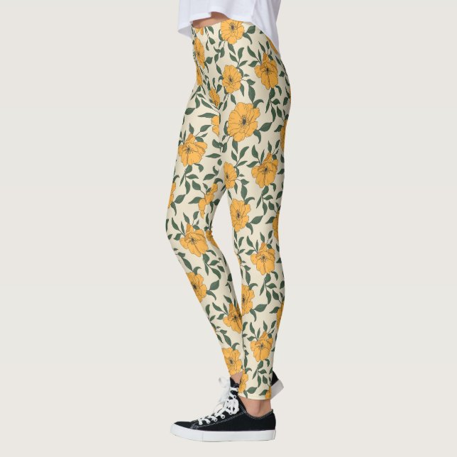 Orange Poppy Blume Pattern Leggings (Links)
