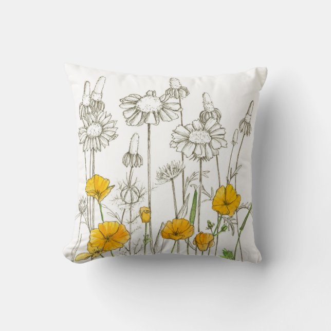 Orange Poppy Blume Pflanze Zeichnend Kissen (Vorderseite)