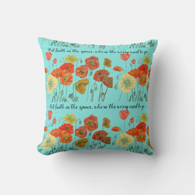 Orange Poppy Blume 'Put Faith in the Space' Aqua Kissen (Vorderseite)