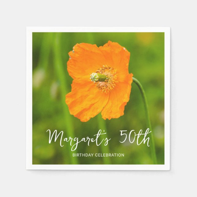 Orange Poppy Flower On Green 50th Birthday Party Serviette (Vorderseite)