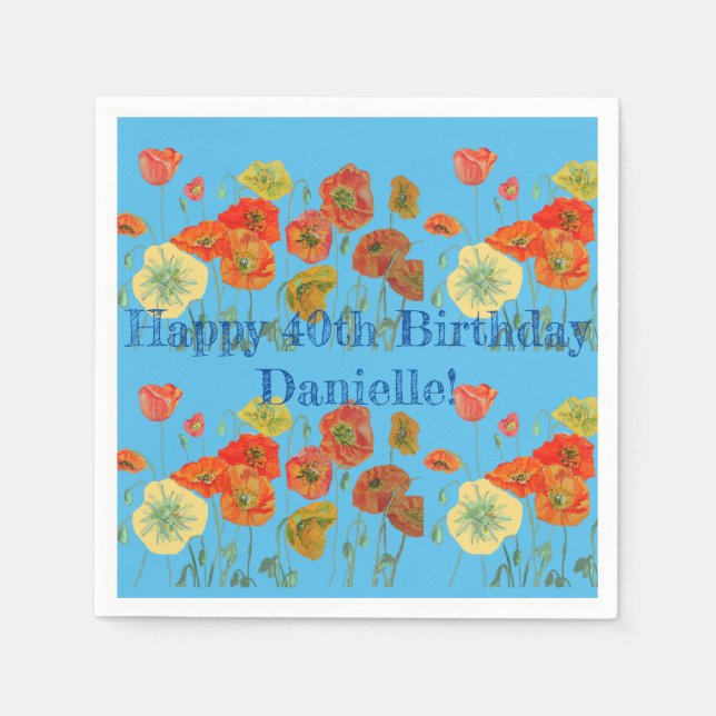 Orange Poppy Happy Birthday Serviette Napkins Blue (Vorderseite)