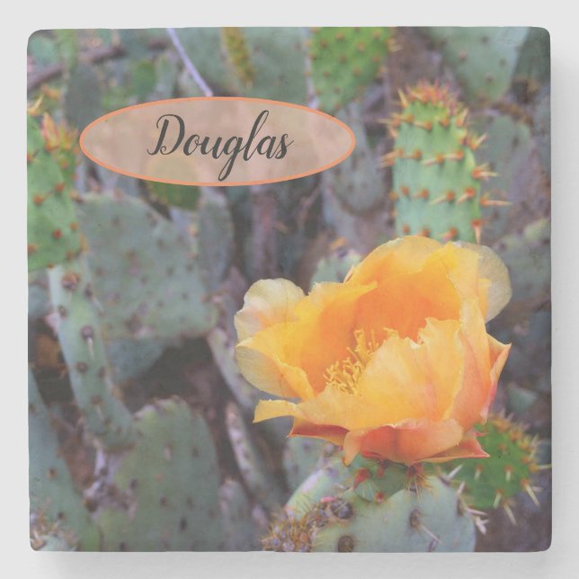 Orange Prickly Pear Opuntia Cactus Blume Foto Steinuntersetzer (Vorderseite)