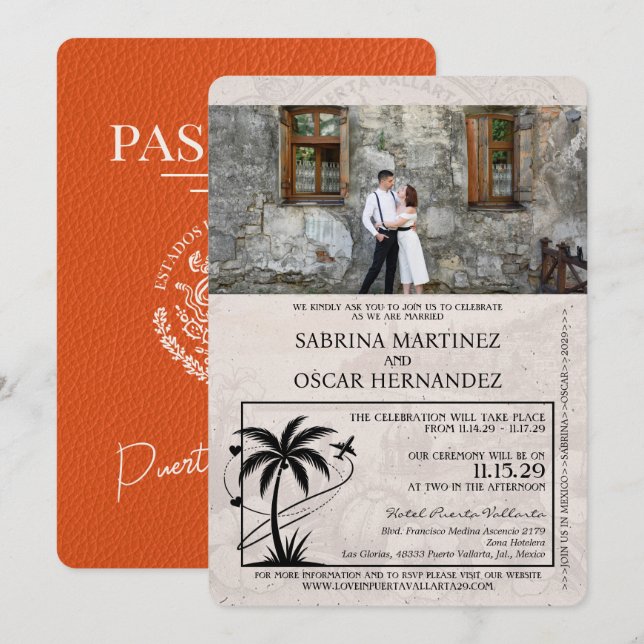 Orange Puerta Vallarta Passport Wedding Einladung (Vorne/Hinten)