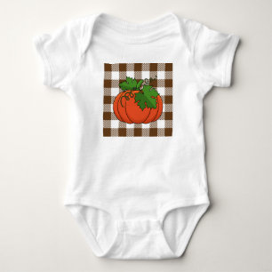 Orange Pumpkin auf weißbraunes, kariertes Muster Baby Strampler