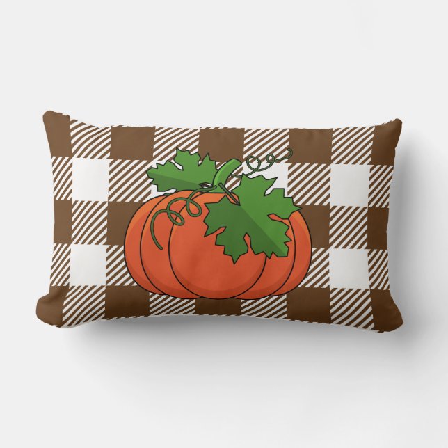 Orange Pumpkin auf weißbraunes, kariertes Muster Lendenkissen (Vorderseite)
