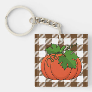 Orange Pumpkin auf weißbraunes, kariertes Muster Schlüsselanhänger