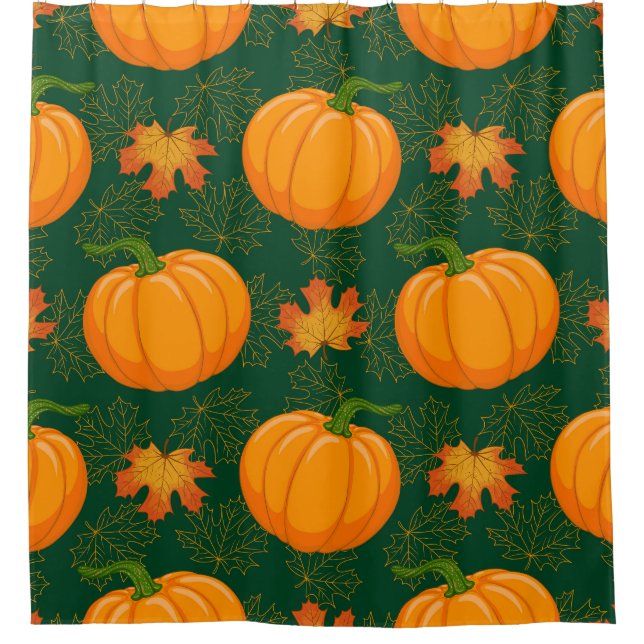 Orange Pumpkin Autumn Leaves Muster Duschvorhang (Vorderseite)