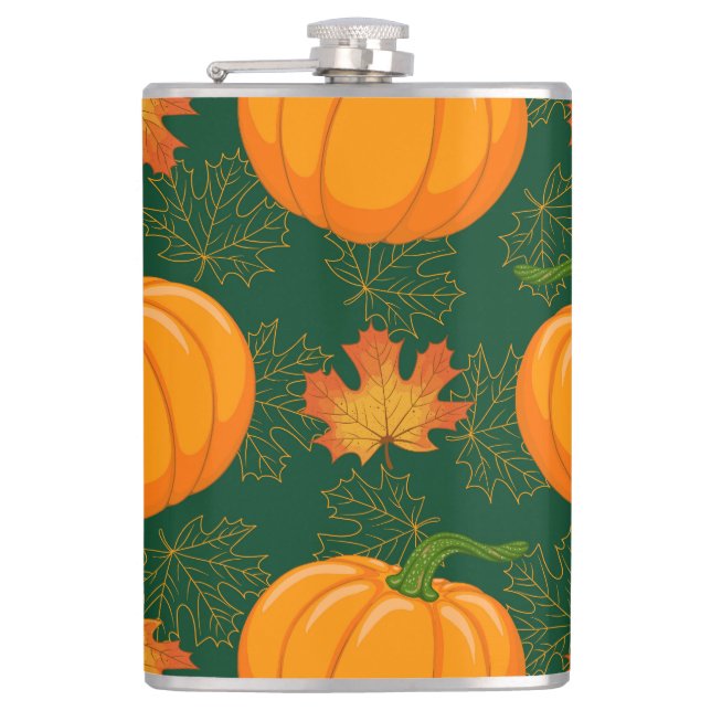 Orange Pumpkin Autumn Leaves Muster Flachmann (Vorderseite)
