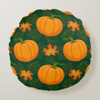 Orange Pumpkin Autumn Leaves Muster Rundes Kissen