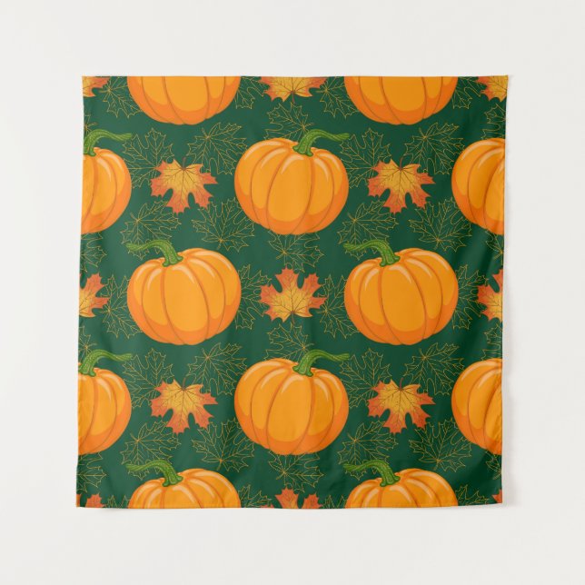 Orange Pumpkin Autumn Leaves Muster Wandteppich (Vorderseite)