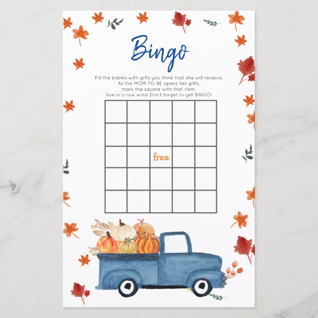 Orange Pumpkin Blue Truck Baby Dusche Bingo Spiel (Vorderseite)