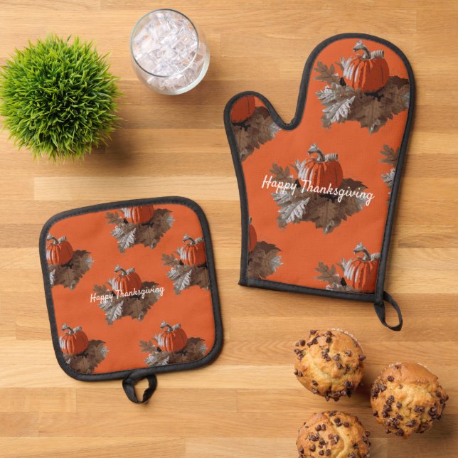 Orange Pumpkin Fall Leaf Wreath Erntedank Ofenhandschuh & Topflappen-Set (Oben Unten)