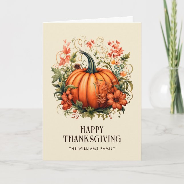 Orange Pumpkin Floral Foto Happy Thanksgiving Karte (Vorderseite)