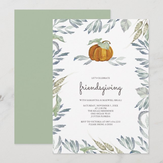 Orange Pumpkin Greenery Friendsgiving Einladung (Vorne/Hinten)
