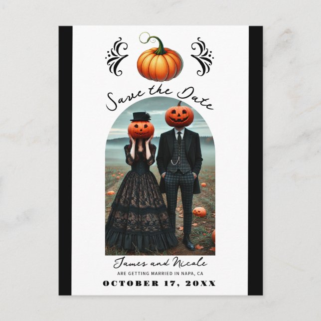 Orange Pumpkin Halloween Fall Foto Save the Date Ankündigungspostkarte (Vorderseite)