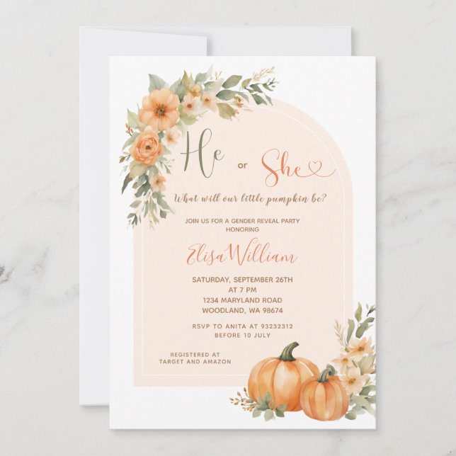 Orange Pumpkin, He or she Fall Floral Gender Revea Einladung (Vorderseite)
