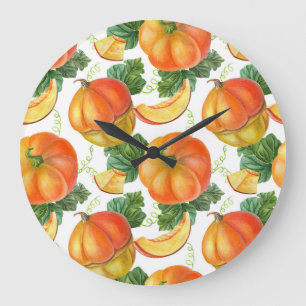 Orange Pumpkin: Sommer-Herbst Gemüsemuster. Große Wanduhr