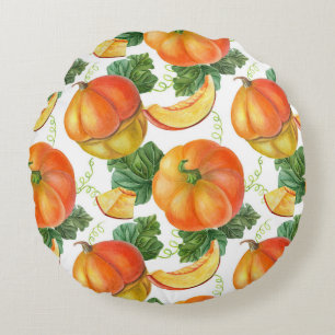 Orange Pumpkin: Sommer-Herbst Gemüsemuster. Rundes Kissen