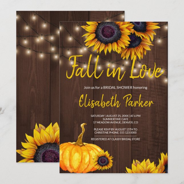 Orange Pumpkin Sunflowers Barn Wood Brautparty Einladung (Vorne/Hinten)