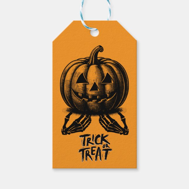 Orange Pumpkin Trick oder behandeln Schädel Hand S Geschenkanhänger (Vorderseite)