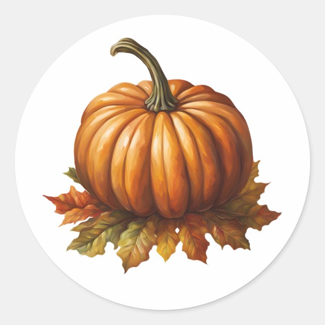 Orange Pumpkin und Autumn Leaves Runder Aufkleber (Vorderseite)