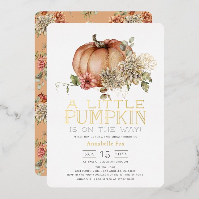 Orange Pumpkin & White Dahlia Baby Dusche Folieneinladung (Vorderseite/Rückseite)