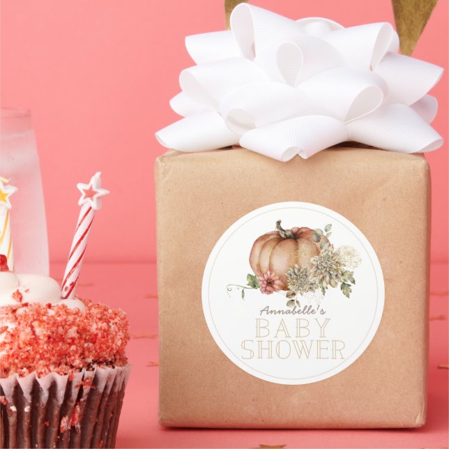Orange Pumpkin & White Dahlia Baby Dusche Runder Aufkleber (Party)