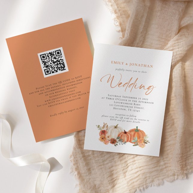Orange Pumpkins Autumn Florals QR Code Wedding Inv Einladung (Von Creator hochgeladen)