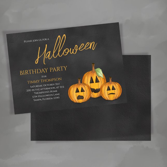Orange Pumpkins Birthday Halloween-Party Einladung (Whimsical Halloween party invitation with cute pumpkins,)