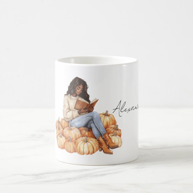 Orange Pumpkins Black Girl with Book Kaffeetasse (Mittel)