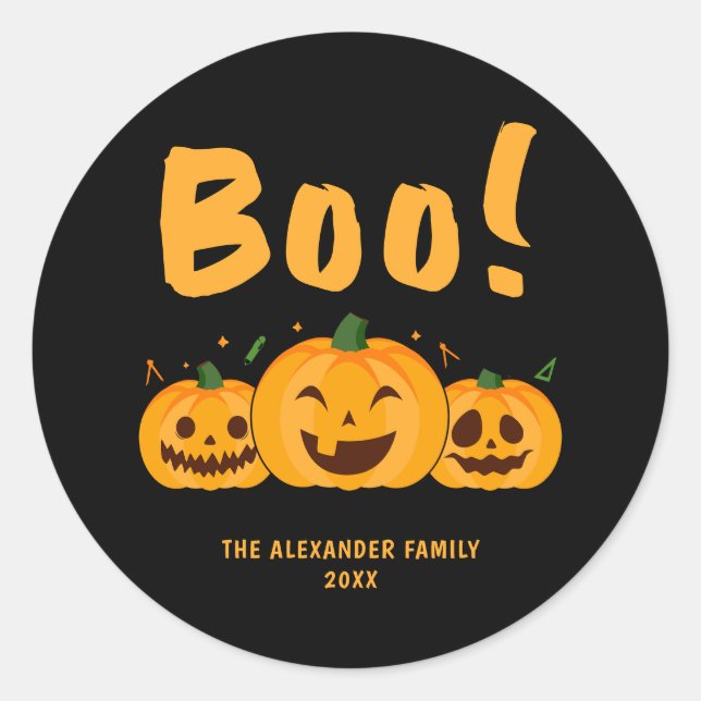 Orange Pumpkins Black Halloween Boo Name Runder Aufkleber (Vorderseite)
