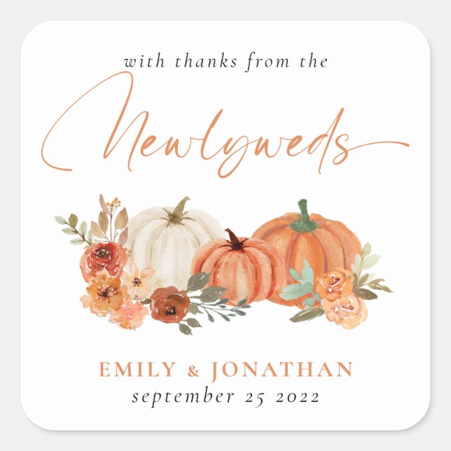 Orange Pumpkins Florals Dank von Newlyweds Quadratischer Aufkleber (Vorderseite)