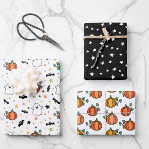 Orange Pumpkins Ghosts Halloween Mixed Patterns Geschenkpapier Set