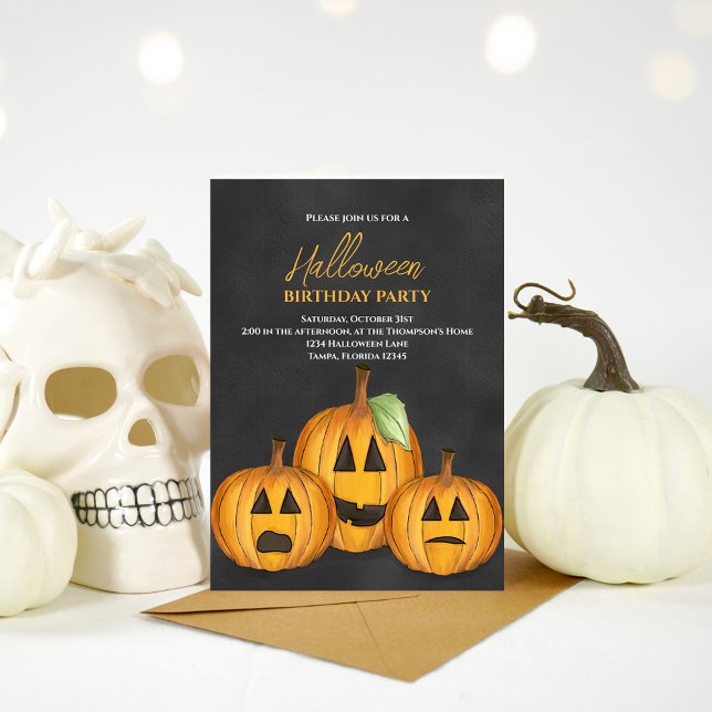 Orange Pumpkins Halloween Geburtstagsparty Einladung (Halloween birthday party orange and black pumpkin invitations)