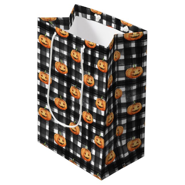 ORANGE PUMPKINS MIT SCHWARZ UND WEISS KARIERT MITTLERE GESCHENKTÜTE (Vorderseite Schrägansicht)