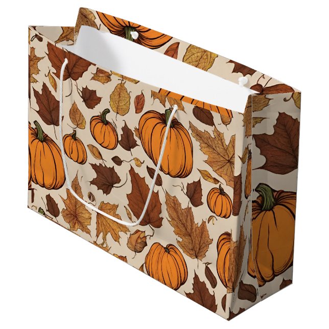 Orange Pumpkins und Herbstleaves Große Geschenktüte (Vorderseite Schrägansicht)