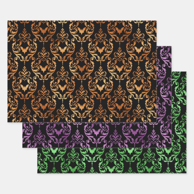 Orange, Purple, and Green Bat Halloween Damask Geschenkpapier Set (Set)