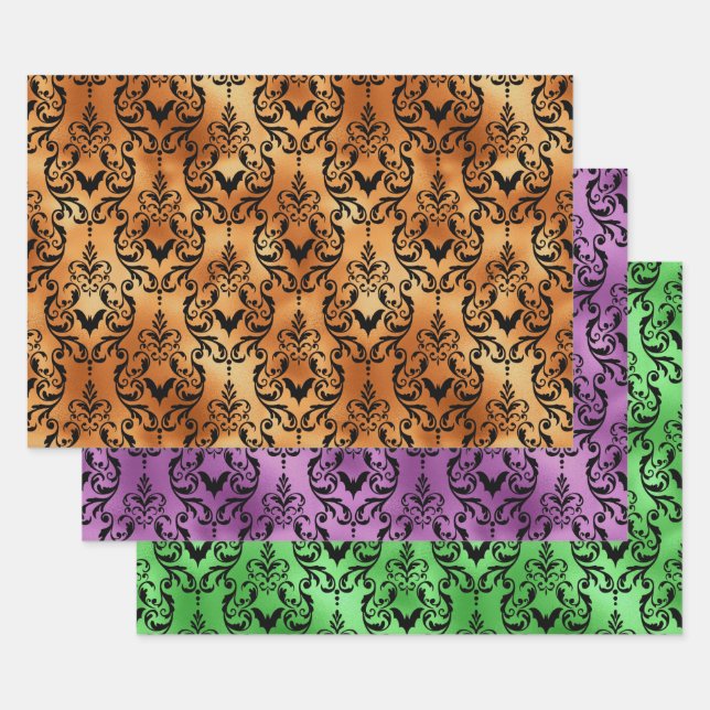 Orange, Purple, and Green Bat Halloween Damask Geschenkpapier Set (Set)
