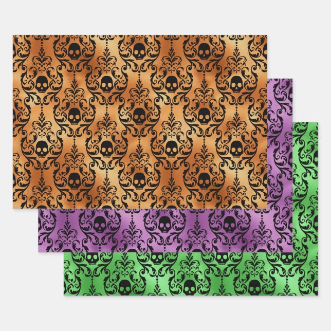 Orange, Purple, and Green Skull Halloween Damask Geschenkpapier Set (Set)
