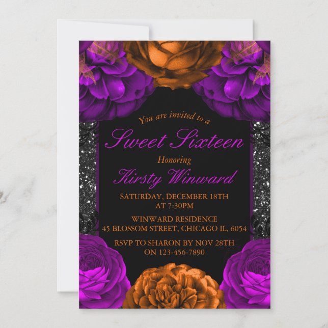 Orange Purple Flowers Halloween Sweet 16 Einladung (Vorderseite)