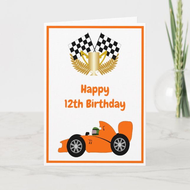 Orange Racing Car Personalisiert 12. Geburtstag Karte (Vorderseite)