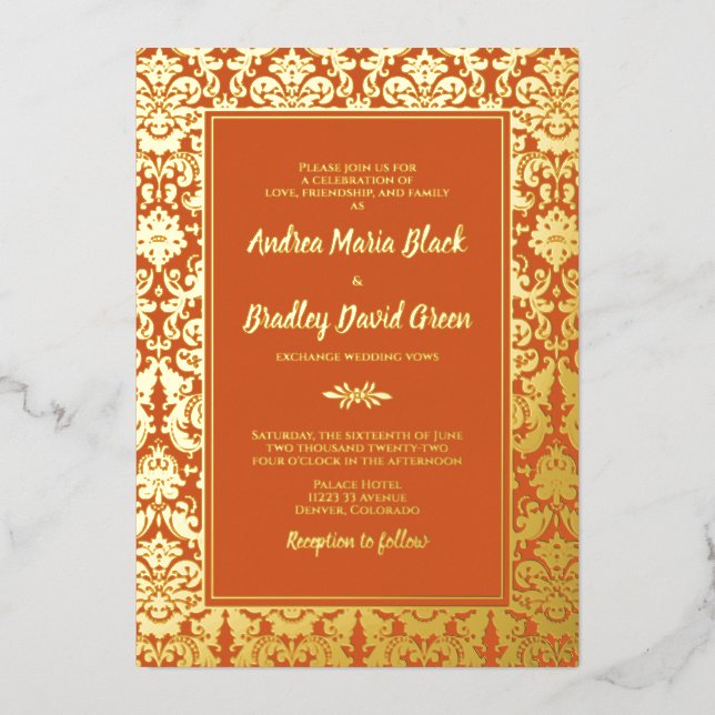 Orange Real Gold Foil Damask Wedding Folieneinladung (Vorderseite)