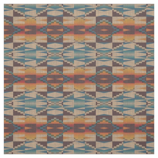 Orange Red Aquamarin Blue Brown Aztec Mosaikmuster Stoff (Muster)