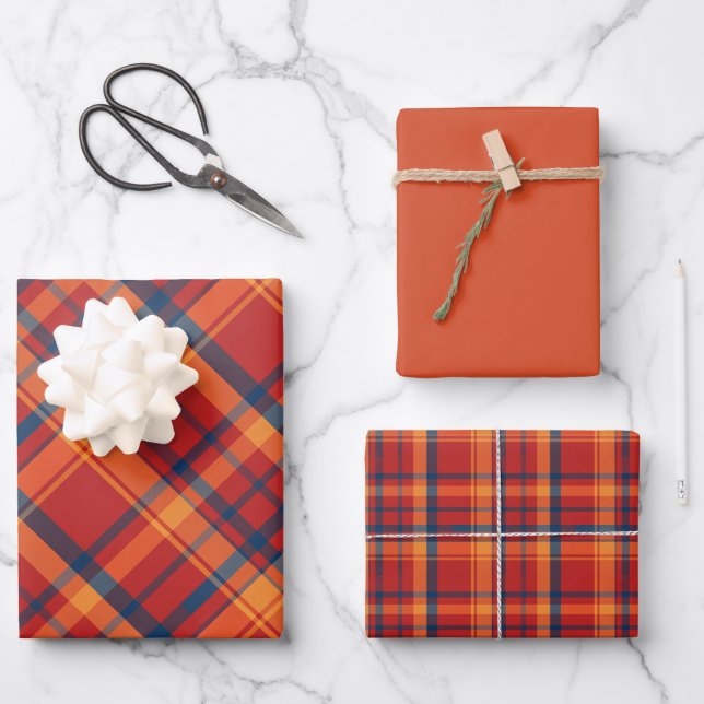 Orange, Red & Blue Kariert Geschenkpapier Set (Vorderseite)