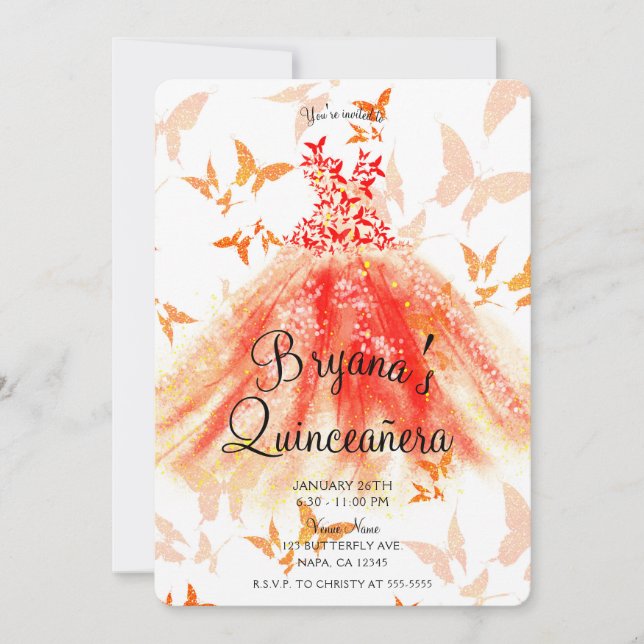 Orange Red Butterfly Dance Dance Dress Quinceañera Einladung (Vorderseite)