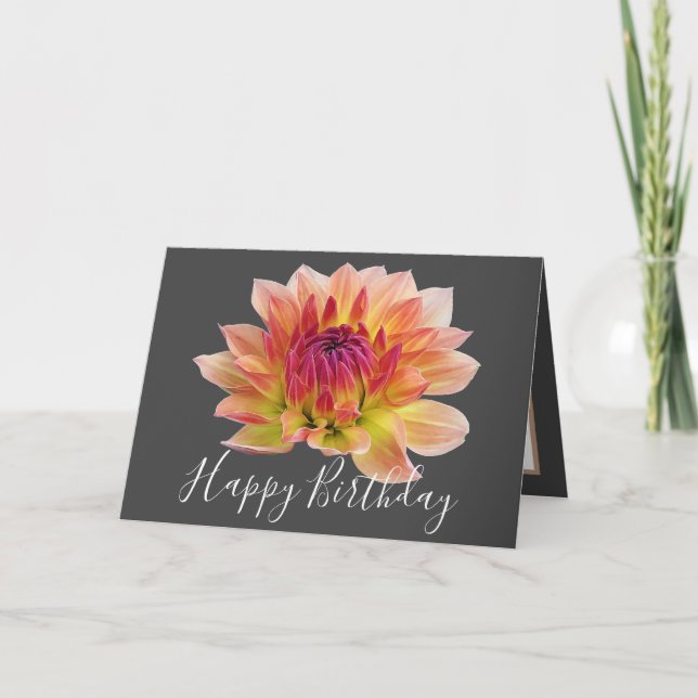 Orange Red Dahlia Blume Grau Hintergrund Geburtsta Karte (Vorderseite)
