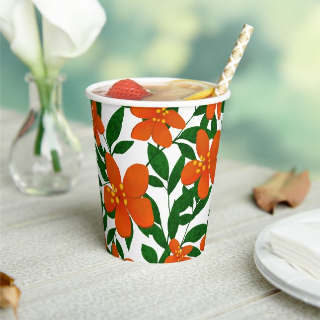 Orange Red Floral Green Botanicals Muster Pappbecher (In Situ)