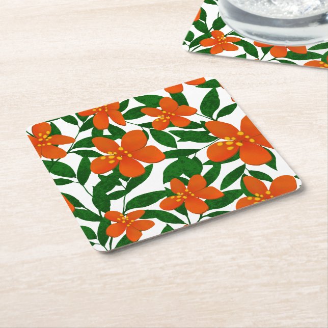 Orange Red Floral Green Botanicals Muster Rechteckiger Pappuntersetzer (angewinkelt)