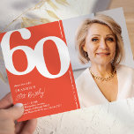 Orange Red Foto 60. Geburtstagsparty Einladung<br><div class="desc">Mit diesen trendigen, orangefarbenen und weißen Geburtstagsfeiern schaffen Sie bei Ihrem 60. Geburtstagsbash nachhaltige Erinnerungen! Diese Einladungen mit einem großen, fetten Serif-Schriftart, der die Nummer '60', ein Foto des Geburtstagsjungen / -mädchens und eine moderne Vorlage zeigt, die leicht zu personalisieren ist, werden den Geist des Ereignisses einfangen. Mit ihrem einzigartigen...</div>