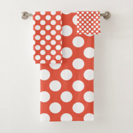 Orange Red: Grosses weißes Polka Dot Pattern Badhandtuch Set
